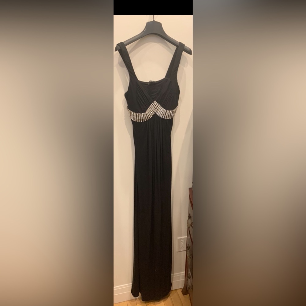 SKY- Long Black gown with large clear stones under the lined bust. Size Large